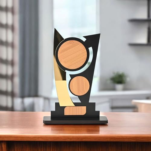 Image of GKD Wooden Trophy with Golden Acrylic | Self-Customizable Sticker Award /Memento for Events, Corporate Gifting, School Functions & Achievements (Inspire Innovation - Self)