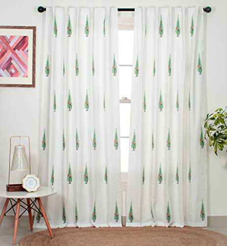 Image of Tranquebar Curtain Co. Cotton Curtains 7 Feet Long Set of 2, 60-65% Room Darkening, Coral & Green Ethnic Curtains Bird Print, Door Curtains 7 Feet Set of 2, BackTabs, Tori (213 cm) - Set of 2