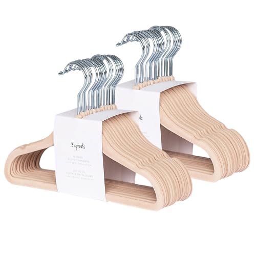 Image of 3 Sprouts Velvet Baby Hangers - Non-Slip Hangers for Infant and Toddler Clothes - Slim Space-Saving Design with Nordic Colors for Nursery - 30 Pack - Hazelnut