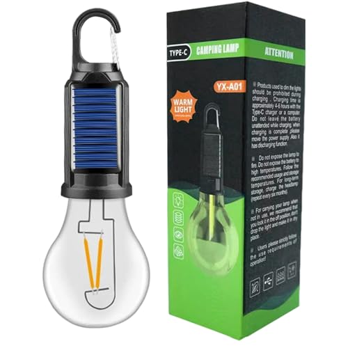 Solar Rechargeable Hooked Camping Light, LED Solar Tent Lights for Camping with Clip Hook, Portable Hanging Light Bulb for Hiking Fishing Outdoor.