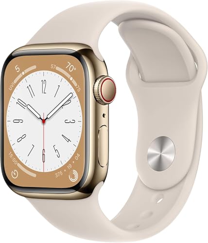 Image of Apple Watch Series 8 (GPS + Cellular, 41MM) Gold Stainless Steel Case with Starlight Sport Band - S /M (Renewed)