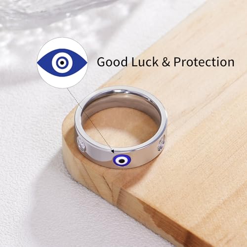 Evil Eye Wedding Band for Women 18K Gold Plated, Cubic Zirconia Anniversary Ring Gift for Wife, Non-Tarnish Stainless Steel Protection Jewelry, Secure Fit Sizes 5-11 5