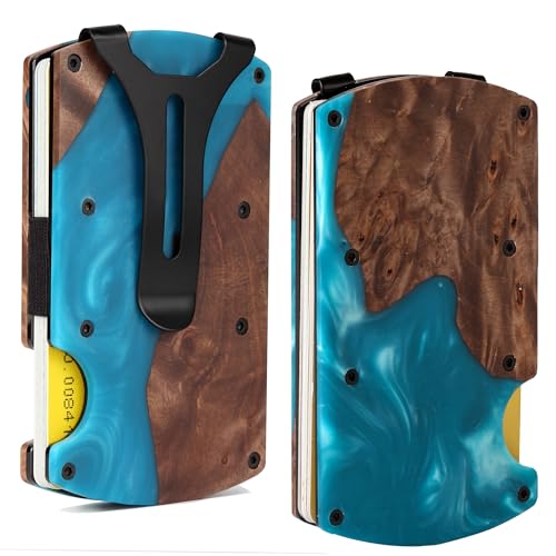 Image of Wallet for Men, Minimalist Slim RFID Blocking Resin Wood Credit Card Holder with Money Clip, Easily Removable Cash&Card Metal Wallet,Resin River,Natuarl Walnut Wood,Unique Pattern,Gift for Men