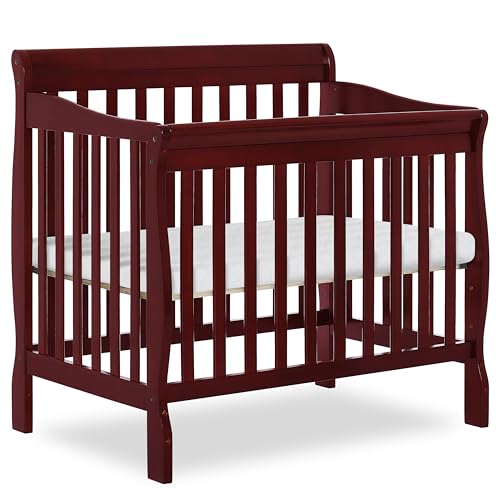 Dream On Me Aden 4-in-1 Convertible Mini Baby Crib in Cherry, GreenGuard Gold & JPMA, Sustainable Pinewood, Non-Toxic Finish, 3 Mattress Heights, Converts to Mini Day & Twin-Size Bed