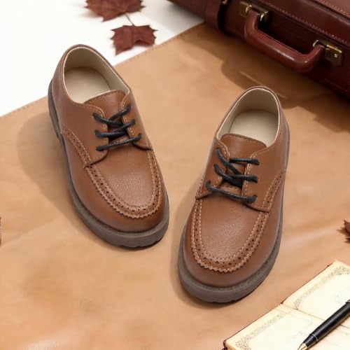 Image of Meckior Toddler Boys Girls Dress Shoes Little Kid Oxford Shoes Wedding Church Dress Shoes PU Leather Lace Up School Uniform Loafer Flats