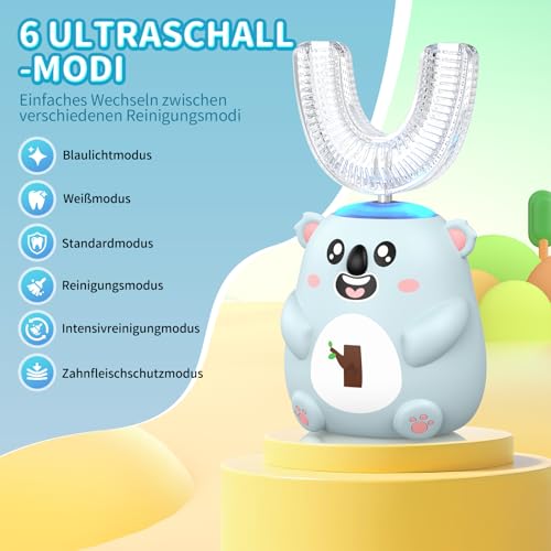 Elektrische Zahnbürsten für Kinder, 2-6/6-12,U-förmige Zahnbürste, Koala-förmige Zahnbürste, Ultraschall-Bürstenköpfe, 60 Sekunden-Timer (blau, 6-12 Jahren)