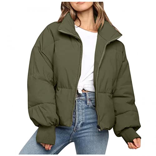 Nsercvb Veste d'hiver courte pour femme - Doudoune sans capuche - Doublure chaude - Col montant - Veste d'hiver courte - Veste matelassée - Parka - Veste d'extérieur - Veste softshell, Vert kaki, S