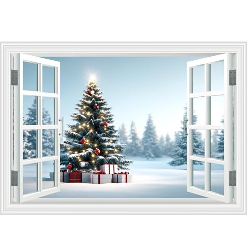 Fake Window Wall Decal - Christmas Tree Gift Conifer Forest Snowfield Faux Window Wall Art Poster Mural for Office Room Wall Decor, Peel and Stick Wall Sticker,48x32Set of 2 Sheets