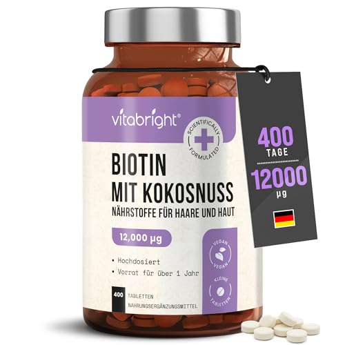 Biotin 12.000 µg hochdosiert für Haare | 400 Tabletten | 24.000% NRV | 1 Tablette täglich | Über 1 Jahr Vorrat | Vegan | VitaBright