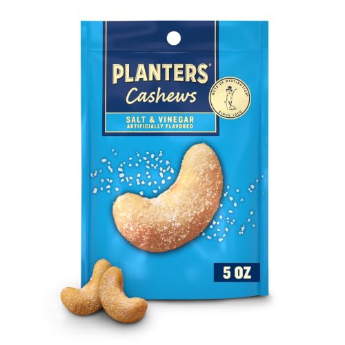 Image of PLANTERS Salt & Vinegar Cashews, Plant Based Protein, 5 Oz (1 Ct) | Roasted Cashews. Flavored Cashews. Snacks for Adults. Resealable Bag. Plant Based Protein Snack. Party Mix