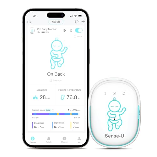 Sense-U Pro Baby Breathing Movement & Sleep Position Monitor with Gentle Vibration Alerts, Temperature Notifications, Audible & App Alerts, Sleep...