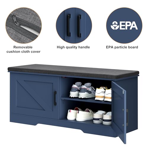 Image of HOMSHO Farmhouse Shoe Storage Bench with 2 Barn Doors & Padded Seat Cushion | 39.4 inch Wide Entryway Bench with Adjustable Shelves & Hidden Storage, Blue