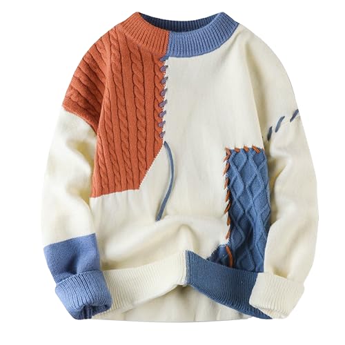 Men's Plush Cable Knited Pullover Sweater Relaxed Long Sleeve Sweater Casual Knit Chunky Sweater Tops