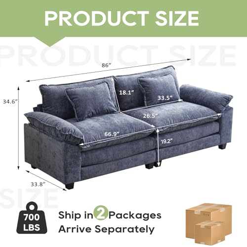 Image of Oprisen 86 inch Modular Sectional Sofa, Comfy Cloud Couch Sectional Sofa, Chenille Sofa Sleeper Deep Seat Sofa with Throw Pillows for Living Room (Blue, 86 inch- Loveseat)