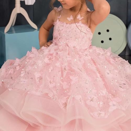 Flower Girl Dress Ruffle Layered Ball Gown First Communion Dresses Tulle Butterfly Appliques Pageant Dress for Girls3