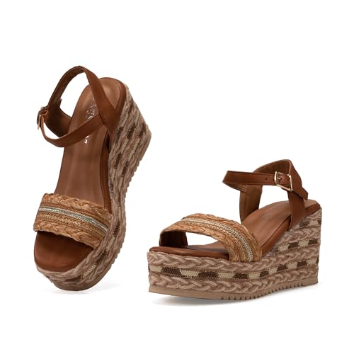 MISSCAI Sandalias Mujer con Cuña Esparto Sandalias Plataforma con Detalles Brillantes WWS250140-13, Marrón, 40 EU