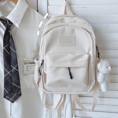 Aesthetic White Backpack for Adults Lightweight Book bag with Bear Pendant and Pins,White3