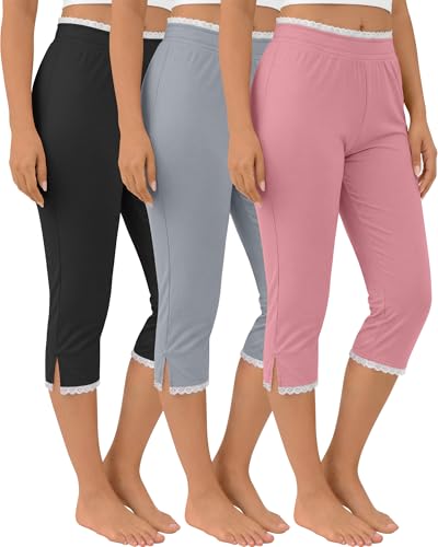 Oakgarden 3 Pack Women's Capri Legging with Lace Trim Split Hem Elastic Waist Capri Pants Stretch...