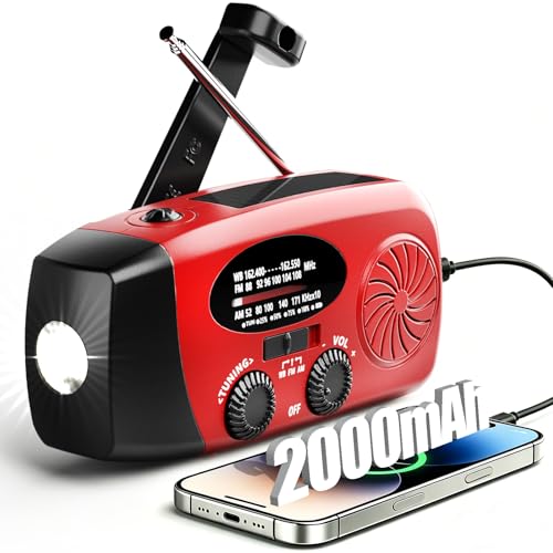 Radio solaire d'urgence AM/FM/WB à manivelle avec lampe LED et chargeur USB 2000 mAh