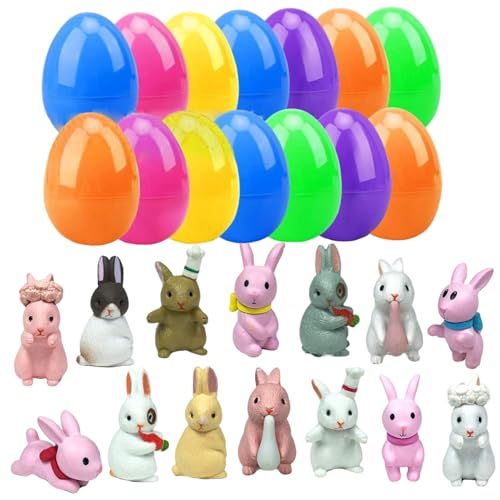 Joygoodta 14 Piezas de Huevos de Pascua llenos de Juguetes, Mini Huevos Sorpresa con Figuras de Conejito Linda exhibición de Conejo de Granja para niños y niñas Pascua Llena de Juguetes