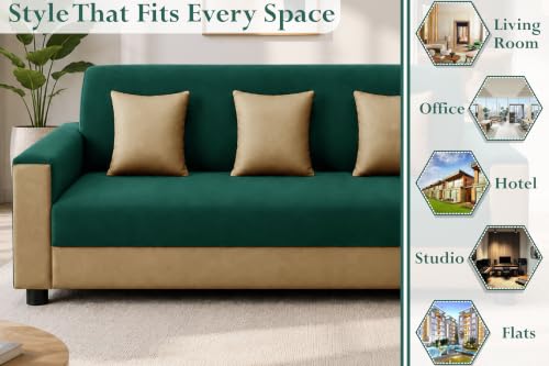 Image of 3 Seater Wooden Sofa | Velvet Fabric Couch with Cushions | Comfortable Living Room Sofa | Sturdy Wooden Frame | Home & Office Furniture | Green & Beige