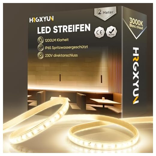 HRGXYUN 230V LED Streifen Aussen, SMD 2835 IP65 Wasserdicht, Bande LED Durchsichtig 1200LM Ohne Trafo Flexible Kürzbar für Zimmer und Außen Dekoration Beleuchtung, 3000K Warmweiß, 2m