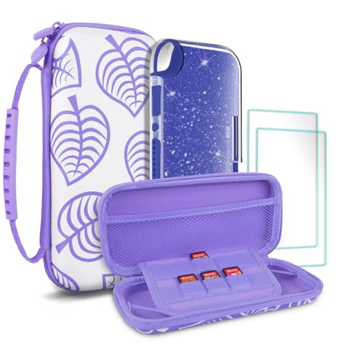 TIKOdirect Funda de transporte para Switch Lite, bolsa de viaje portátil a prueba de golpes con funda Galaxy con purpurina, protectores de pantalla y bonitas tapas de agarre para el pulgar de hoja