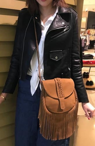 Suede Crossbody Shoulder Bag for Women Soft Small Tote Purse Trendy Faux Leather Satchel Travel Handbag with Tassels3