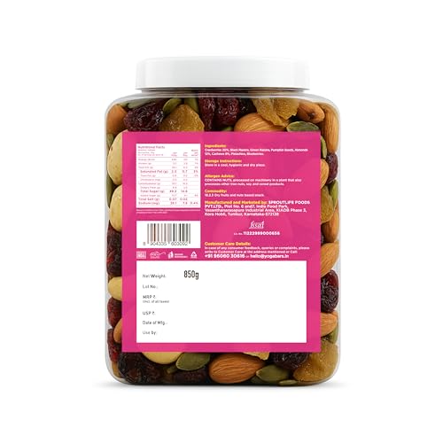 Image of Yogabar Trail Mix - Daily Health Mix 850g - Mixed Nuts with Dry Fruits & Seeds - Mixed Dry Fruits with Almonds Cashews Raisins Cranberries Nlue BerriesPumpkin Seeds - Healthy Snacks