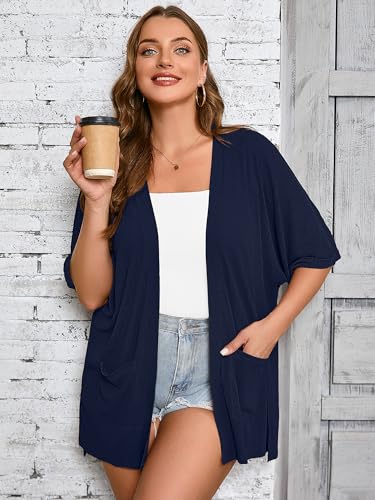 Image of AusLook Plus Size Cardigan for Women Short Sleeve Lightweight Open Front Shrug with Pockets for Dresses and Layering 1X-5X