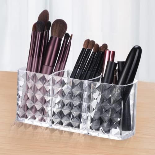 Organisateur Maquillage Acrylique – 3 Compartiments Transparents – Pour Pinceaux, Eyeliners, Rouge à Lèvres