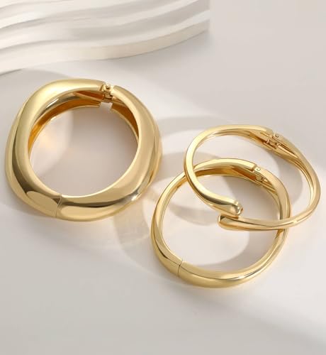 Chunky Gold Bangle Bracelets for Women, Dainty 14k Gold Plated Big Stackable Bangles Set, Trendy Cuff Bracelet Stack Fashion Jewelry Gifts (A1-gold)