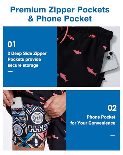 Mens Swim Trunks with Compression Liner 5" Stretch Beach Shorts 2 in 1 Quick Dry with Zipper Pockets Board Shorts3