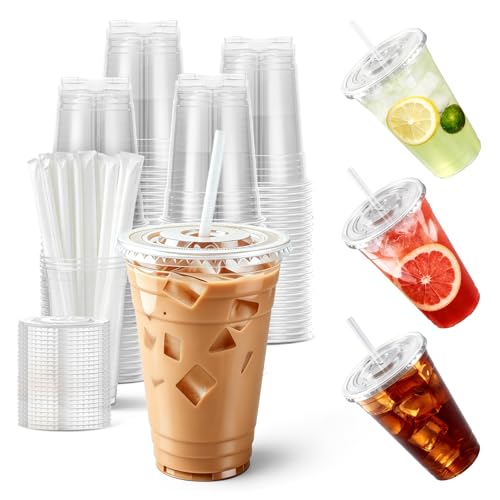 Kitchen Freshness 25-Pack - 16 oz Clear Plastic Cups with Lids and Straws Durable and BPA-Free Iced Coffee Cups with Lids Disposable Plastic Smoothie Cups for Cold Beverages