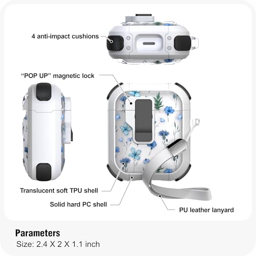 Image of WENEW Case for AirPods 1 & 2 Case Cover Secure Lock Automatic Snap Switch Clip Cleaner Kit Lanyard Women Stylish Flower Armour Hard Shell Full Body (Blue, AirPods 1st & 2nd)