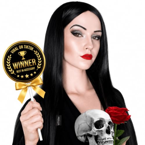 ALLAURA Compatible with Morticia Wig – 32" Long Straight Black Wig for Women – Ideal for Cher Costume, Witch Look, 70s Disco, Halloween, Morticia Addams Cosplay, Glam Party, Retro or Gothic Outfits