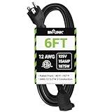BN-LINK 6ft Outdoor Extension Cord, 12/3 SJTW Heavy Duty Power Cord, 3-Prong Grounded Plug, Weather Resistant, 15A, 1875W, Black, for Lawn, Garden, Appliances, ETL Listed