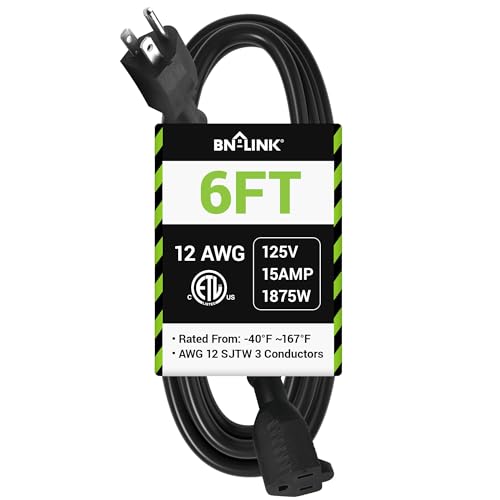 BN-LINK 6ft Outdoor Extension Cord, 12/3 SJTW Heavy Duty Power Cord, 3-Prong Grounded Plug, Weather...