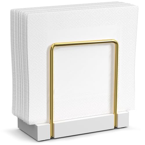 Napkin Holder for Table, Bamboo Iron Standing Napkin Dispenser for Dining Table Farmhouse Cocktail Picnic Rustic Wood Holders All Kitchen Dining Room Decor Gold & White