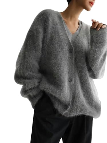 SYLDMKJ Cardigan Donna Sighi Casual A Maniche Lunghe con Scollo A V Cardigan da Donna-Grigio Scuro-L