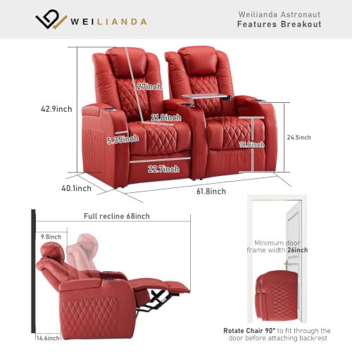 Image of Weilianda Home Theater Seating, Top Grain Leather Movie Theater Chair | Red Row of 2, Zero Gravity, Power Headrest, Tray Table, Electric Reclining Seat for Media Room