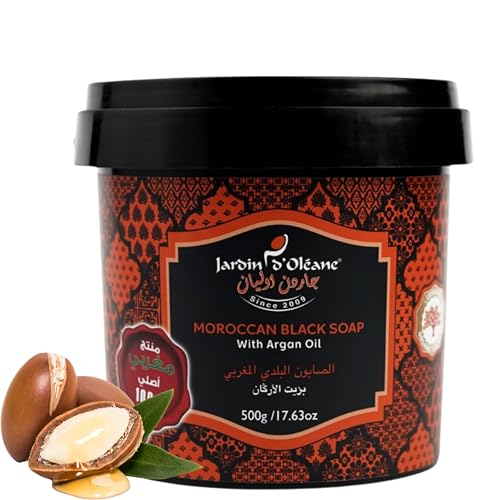 Jardin Oleane Moroccan Black Soap with Argan Oil 500g - 100% Natural Artisan Beldi Soap Body Scrub Pure & Natural Purifying Cleansing exfoliating for Traditional Hammam Ritual Formula - 17.6 Oz