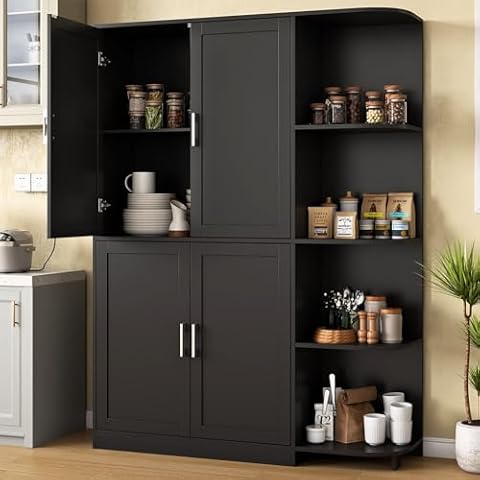 Loomie Kitchen Pantry Storage Cabinet, Food Pantry Cabinet with Doors & Adjustable Shelves, 64" Tall Kitchen Cabinet with 5-Tier External Shelf, Freestanding Cupboard for Kitchen (Black) Cover