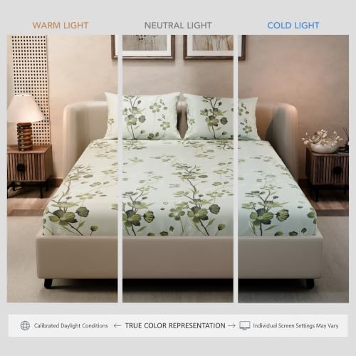 Image of BLISSHOME SoftTouch 140TC Cotton King Size Fitted Bedsheet with 2 Pillow Covers, Silky Smooth Bedding Set, Breathable, Easy Maintain, Floral Print - Green (182cm x 198cm x 25cm Drop)