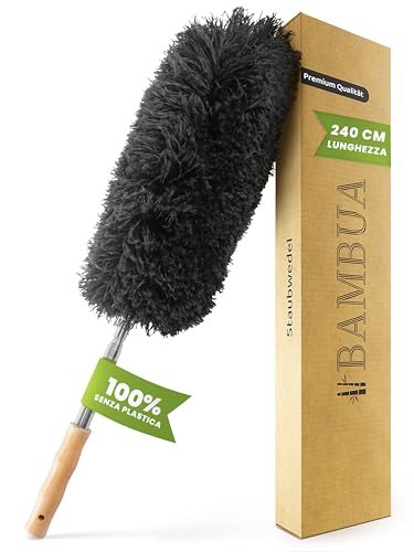 BAMBUA Spolverino per Polvere - [Microfibra Speciale] - Manico Bambù - Togli Ragnatele Allungabile - Spolverino Telescopico Premium per una Pulizia Sostenibile - Piumino per Spolverare (240 cm)
