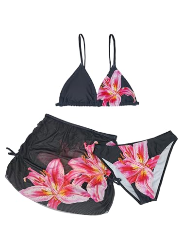 Image of Girl's 3 Piece Sets Floral Print Bikini Swimsuit High Waisted Bathing Suits with Beach Skirt Coverups