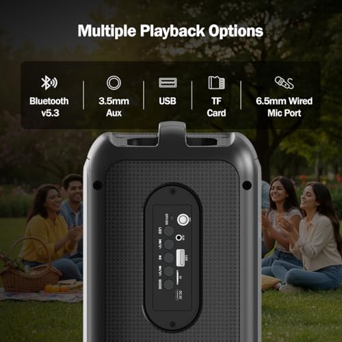Image of pTron Fusion Beats 48W Bluetooth Party Speaker w /Immersive Sound, Dual 4 inch Neo Drivers, Rhythmic RGB Lights, 6Hrs Playtime, BT5.3 /Aux /TF Card /USB Playback Modes, Type-C Charging (Midnight Black)