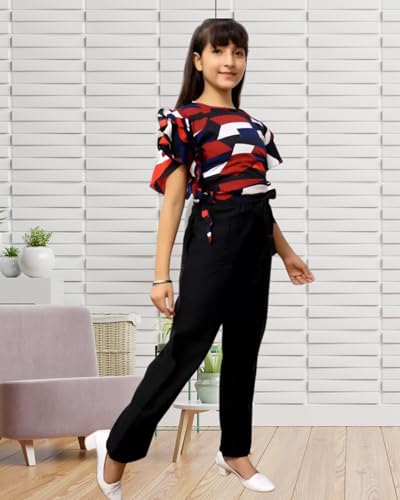 Image of Girls /Kids Printed Floral Designer Top and Palazzo Set Crop Top and Palazzo Set Printed /Fancy Palazzo and top Set for Girls with tie in Waist