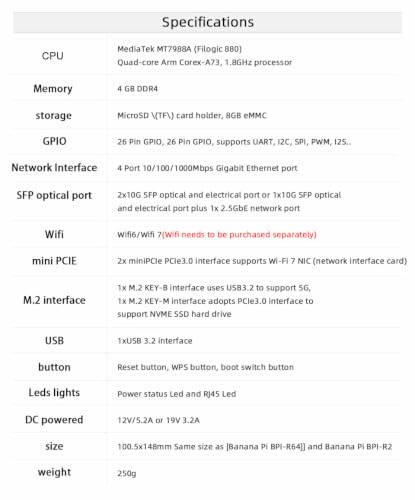 Banana Pi BPI-R4 Carte routeur WiFi 7 sans fil double bande OpenWRT, SoC MediaTek MT7988A, 2 x 10 GbE SFP et 4 x GbE Gigabit Ethernet pour NAS Smart Home Gateway – vue 5