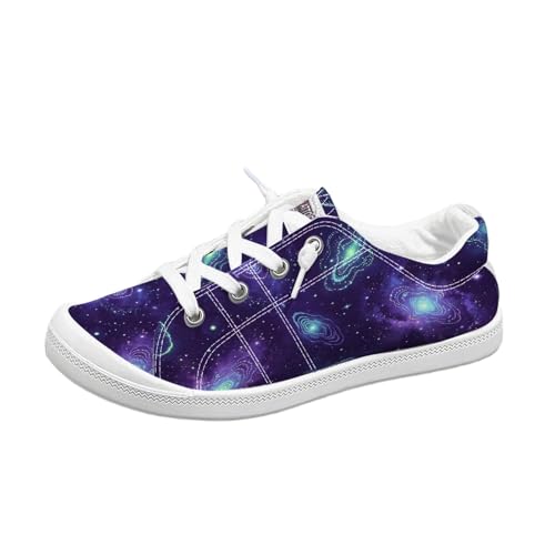 Women’s Slip-On Canvas Sneakers, Low Top Elastic Lace Casual Shoes, Galaxy Geometric Art Print Flat Walking Shoes(42,Numeric_11)